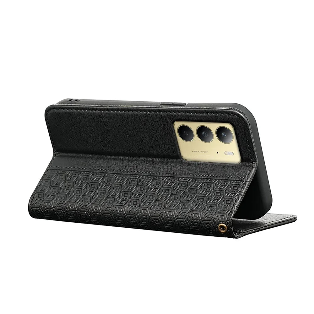 For Realme C75 4G Wallet Phone Case Checkered Pattern Imprint Leather Flip Cover with Wrist Strap - Black - 4