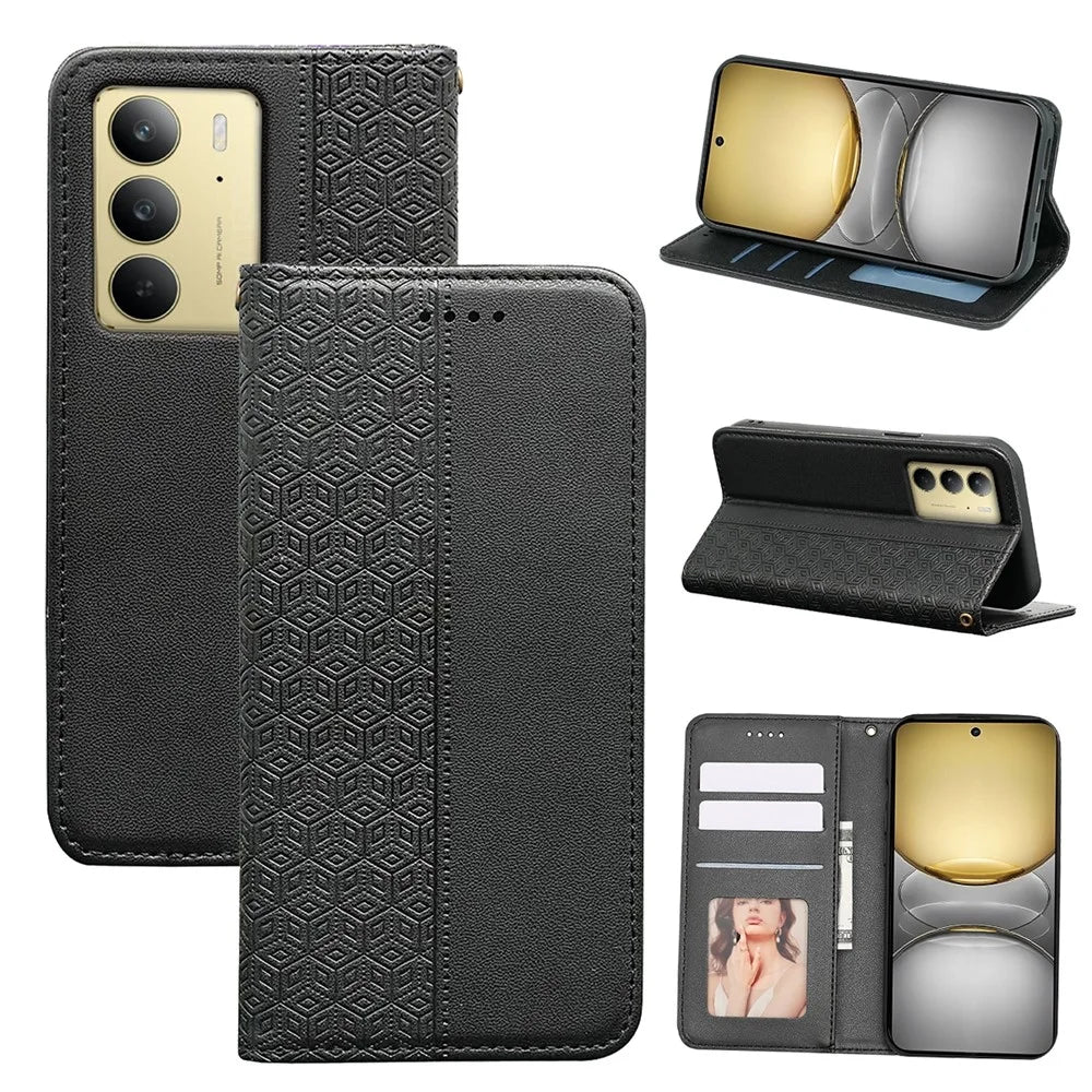 For Realme C75 4G Wallet Phone Case Checkered Pattern Imprint Leather Flip Cover with Wrist Strap - Black - 5