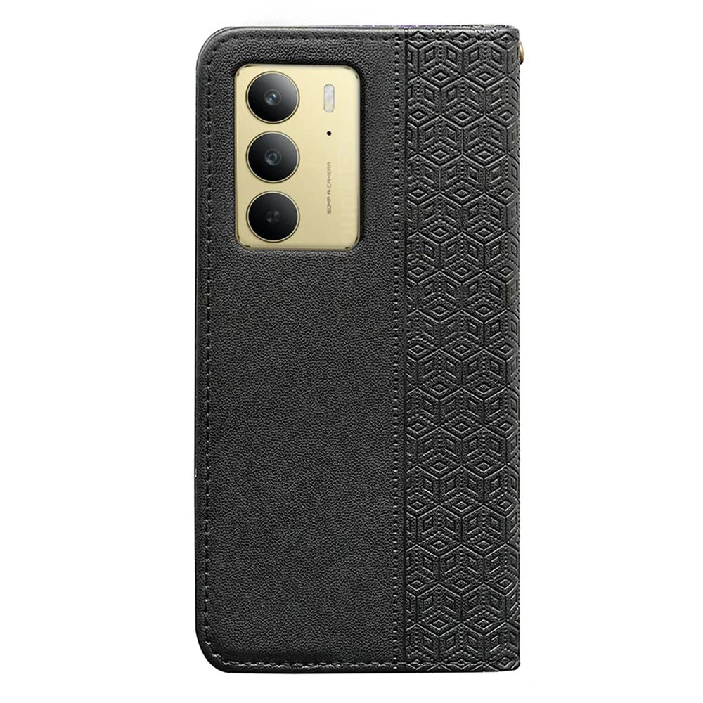 For Realme C75 4G Wallet Phone Case Checkered Pattern Imprint Leather Flip Cover with Wrist Strap - Black - 7