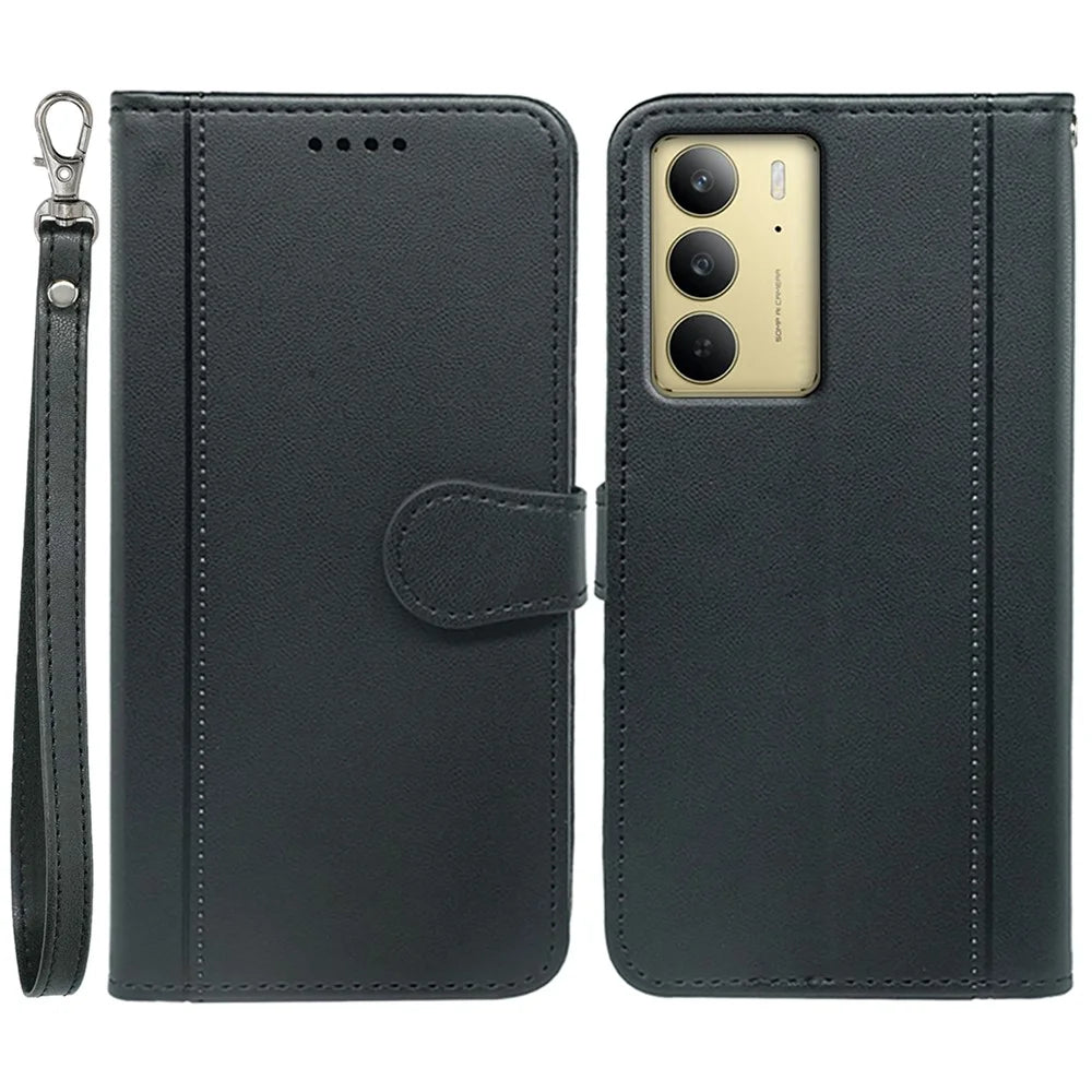For Realme C75 4G Wallet Case Magnetic Snap Leather Phone Cover with Strap - Black - 1