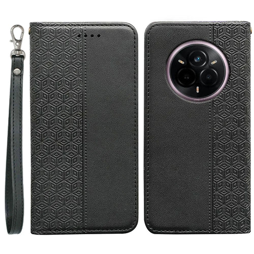 For Realme 14 Pro+ 5G Wallet Phone Case Checkered Pattern Imprint Leather Flip Cover with Wrist Strap - Black - 1