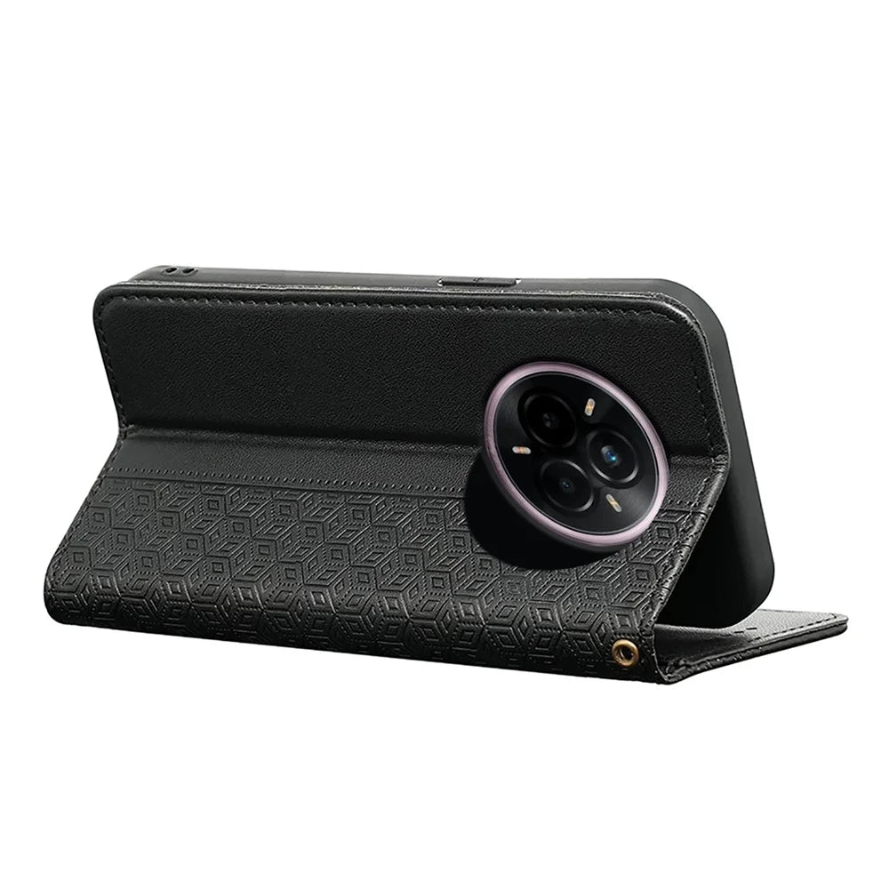 For Realme 14 Pro+ 5G Wallet Phone Case Checkered Pattern Imprint Leather Flip Cover with Wrist Strap - Black - 4