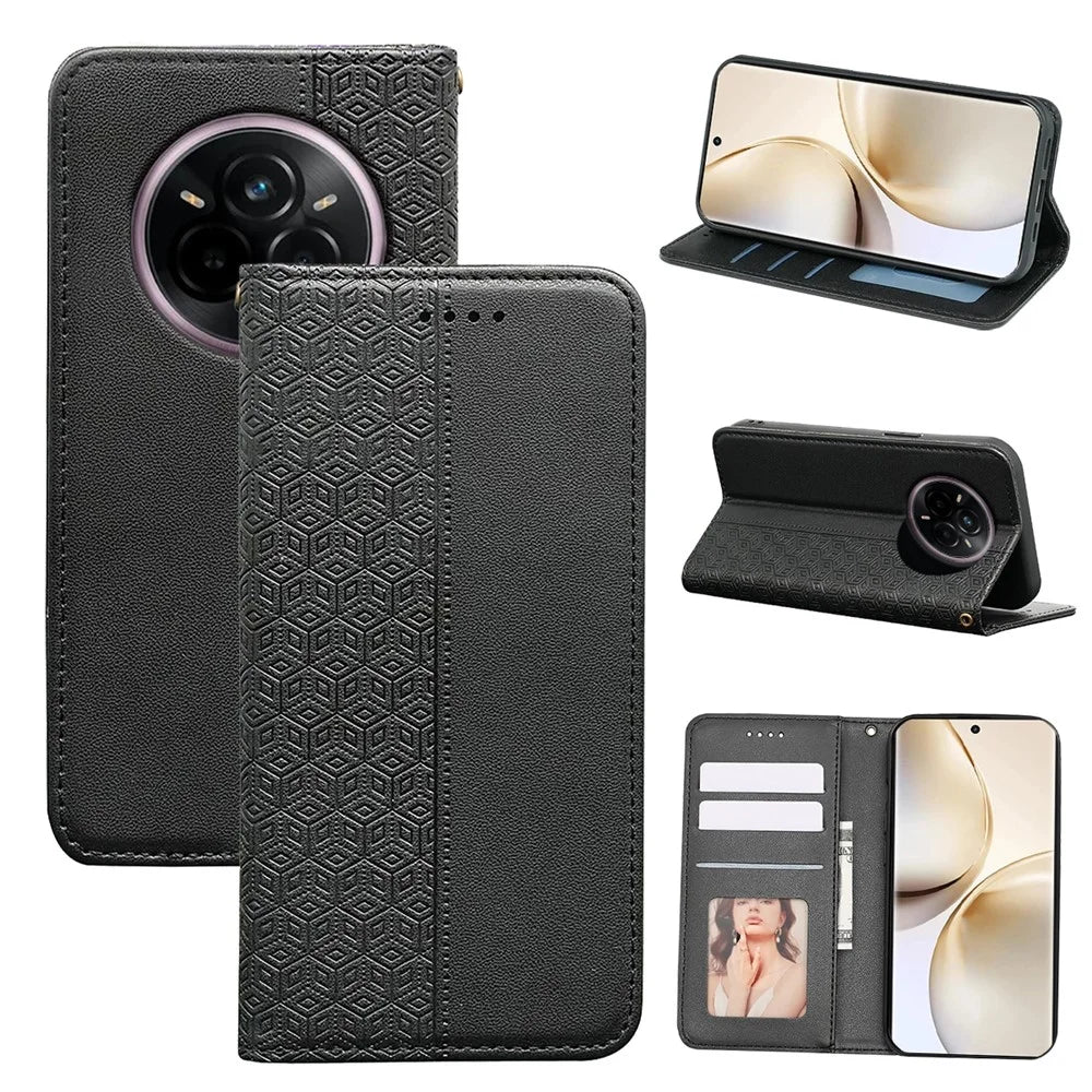 For Realme 14 Pro+ 5G Wallet Phone Case Checkered Pattern Imprint Leather Flip Cover with Wrist Strap - Black - 5