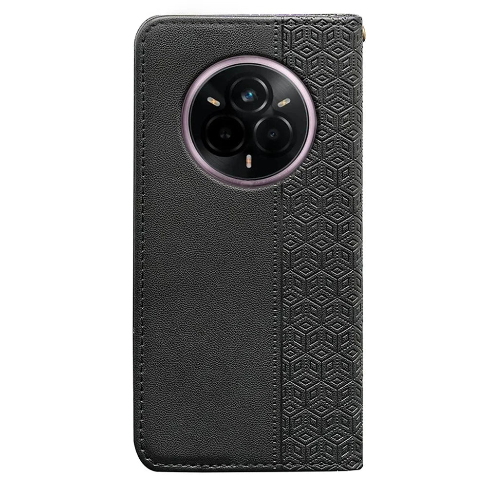 For Realme 14 Pro+ 5G Wallet Phone Case Checkered Pattern Imprint Leather Flip Cover with Wrist Strap - Black - 7