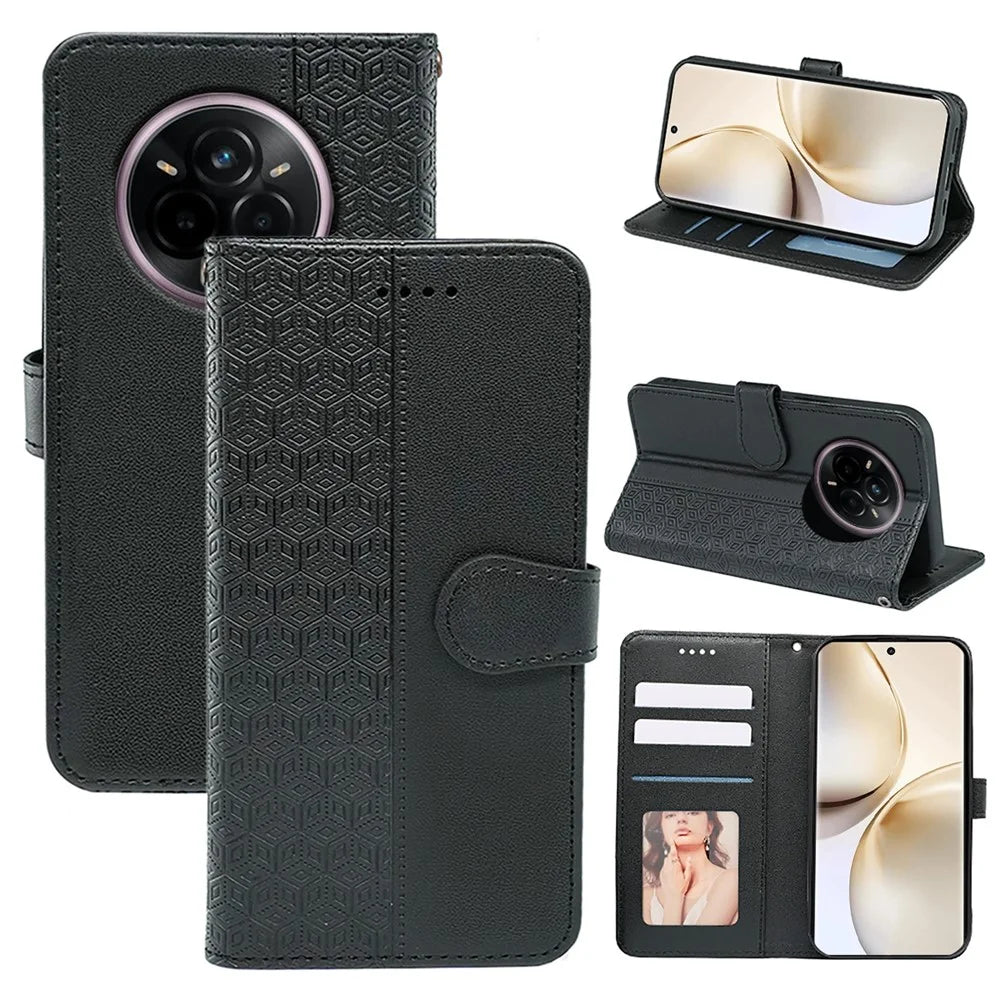 For Realme 14 Pro+ 5G Wallet Phone Case Pattern Imprint Leather Flip Cover - Black - 5