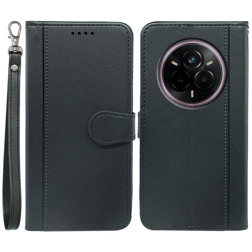 For Realme 14 Pro+ 5G Wallet Case Magnetic Snap Leather Phone Cover with Strap - Black - 1