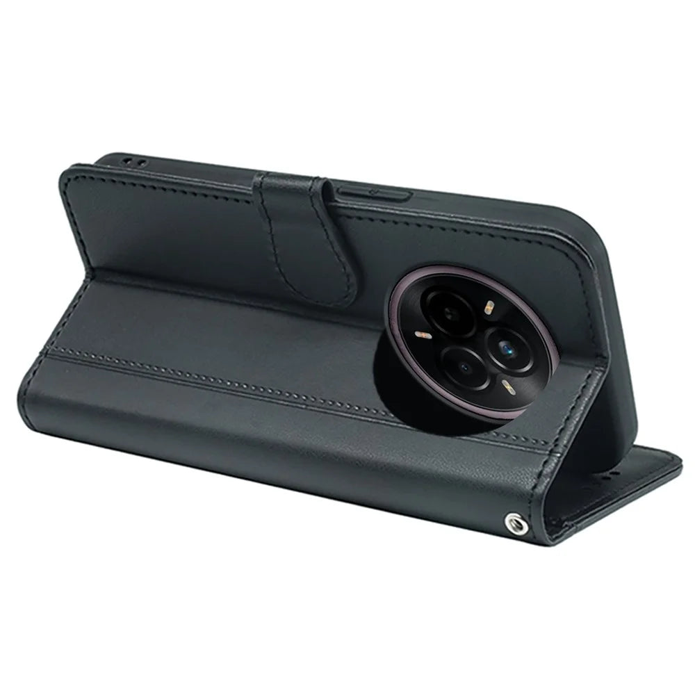 For Realme 14 Pro+ 5G Wallet Case Magnetic Snap Leather Phone Cover with Strap - Black - 4
