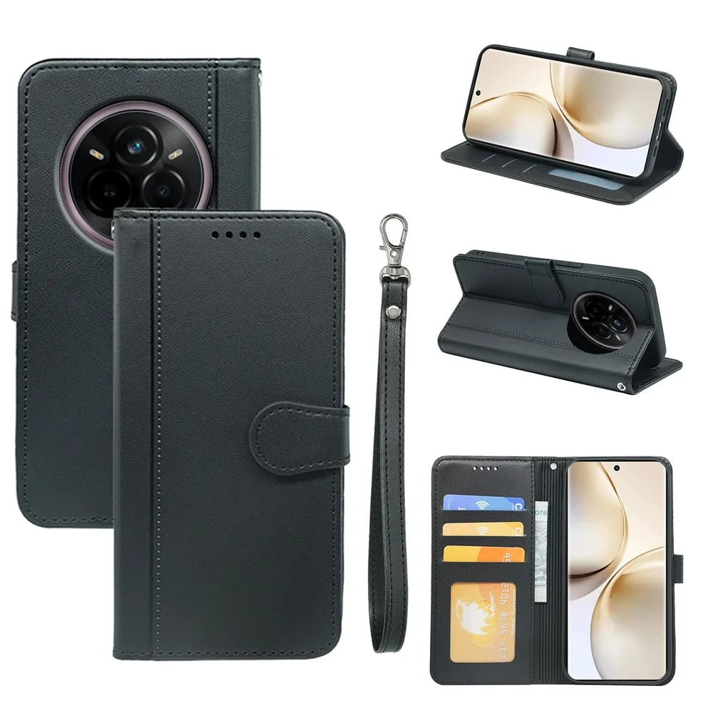 For Realme 14 Pro+ 5G Wallet Case Magnetic Snap Leather Phone Cover with Strap - Black - 5