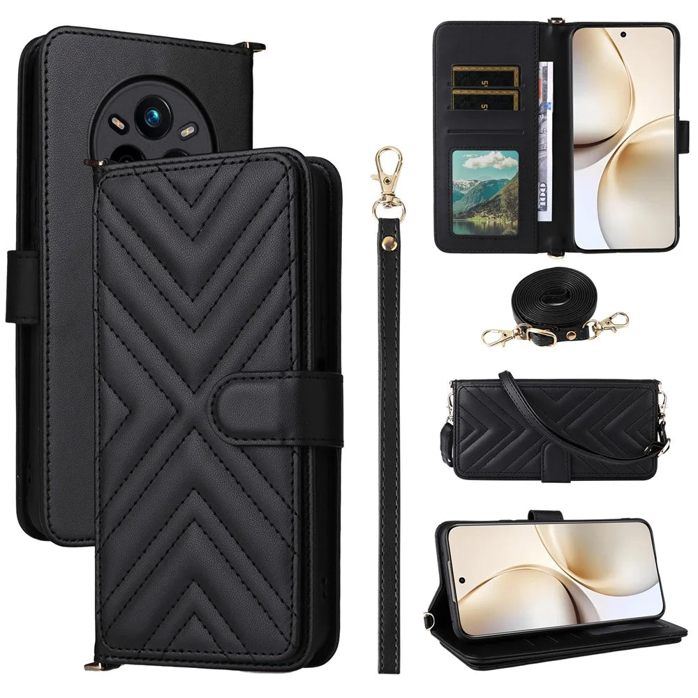 For Realme 14 Pro+ 5G Wallet Case with Shoulder / Wrist Strap Leather Phone Cover Stand - Black - 1