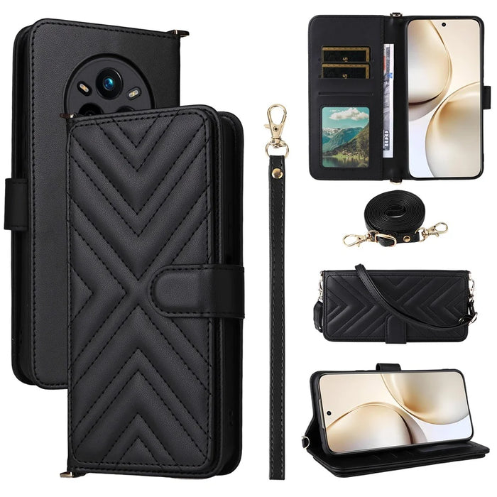 For Realme 14 Pro+ 5G Wallet Case with Shoulder / Wrist Strap Leather Phone Cover Stand - Black - 1