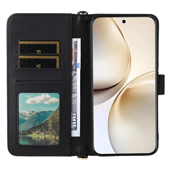 For Realme 14 Pro+ 5G Wallet Case with Shoulder / Wrist Strap Leather Phone Cover Stand - Black - 2