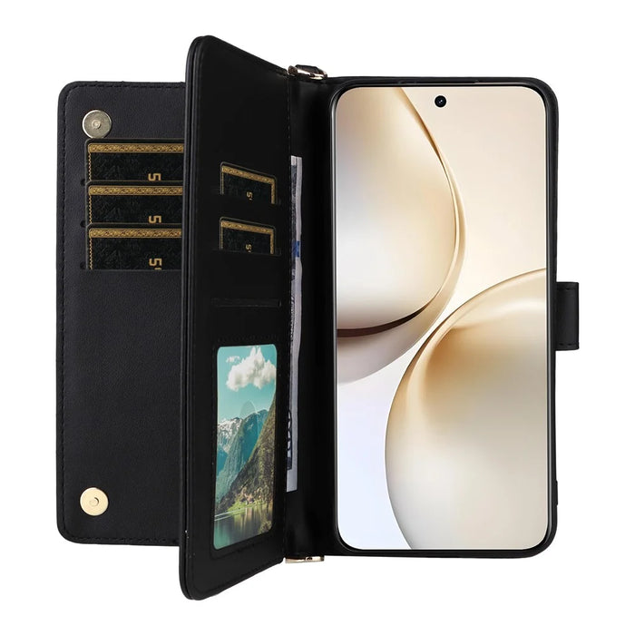 For Realme 14 Pro+ 5G Wallet Case with Shoulder / Wrist Strap Leather Phone Cover Stand - Black - 6
