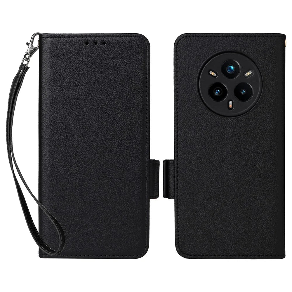 For Realme 14 Pro+ 5G Case with Wrist Strap Litchi Texture PU Leather Wallet Phone Cover - Black - 1