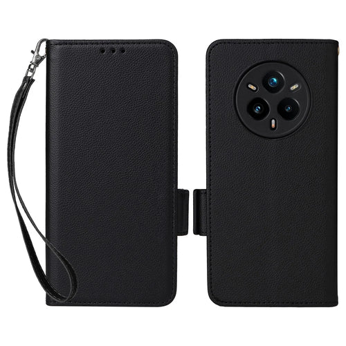 For Realme 14 Pro+ 5G Case with Wrist Strap Litchi Texture PU Leather Wallet Phone Cover - Black - 1