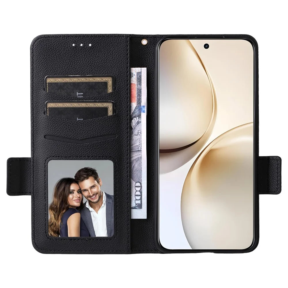 For Realme 14 Pro+ 5G Case with Wrist Strap Litchi Texture PU Leather Wallet Phone Cover - Black - 2