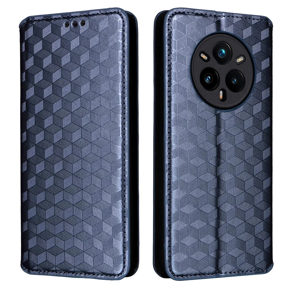 For Realme 14 Pro+ 5G Case Wallet Rhombus Imprinted Leather Phone Cover - Blue - 1