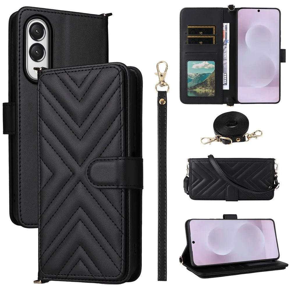 For Samsung Galaxy S25 Edge Wallet Case with Shoulder / Wrist Strap Leather Phone Cover Stand - Black - 1