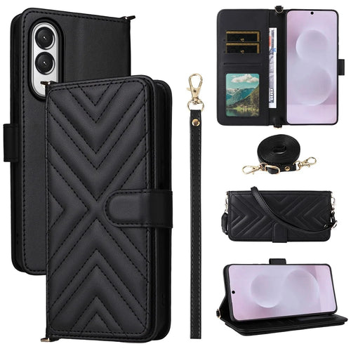 For Samsung Galaxy S25 Edge Wallet Case with Shoulder / Wrist Strap Leather Phone Cover Stand - Black - 1