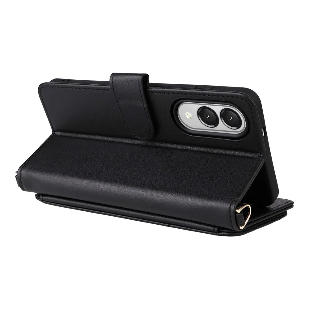 For Samsung Galaxy S25 Edge Wallet Case with Shoulder / Wrist Strap Leather Phone Cover Stand - Black - 4
