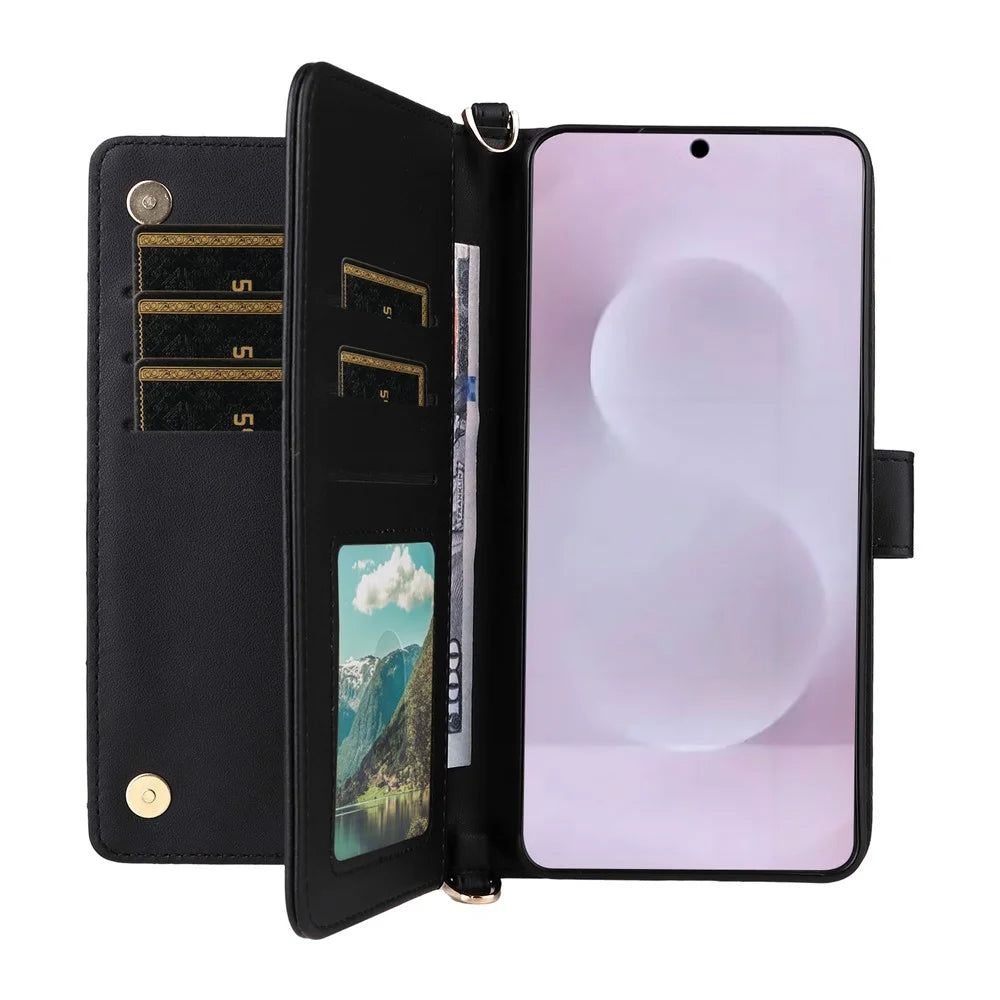 For Samsung Galaxy S25 Edge Wallet Case with Shoulder / Wrist Strap Leather Phone Cover Stand - Black - 6