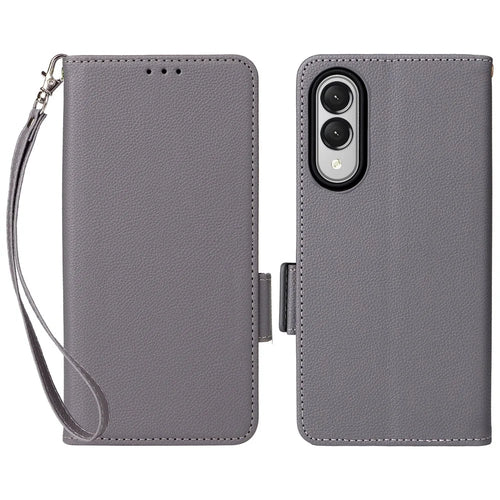 For Samsung Galaxy S25 Edge Case with Wrist Strap Litchi Texture PU Leather Wallet Phone Cover - Grey - 1