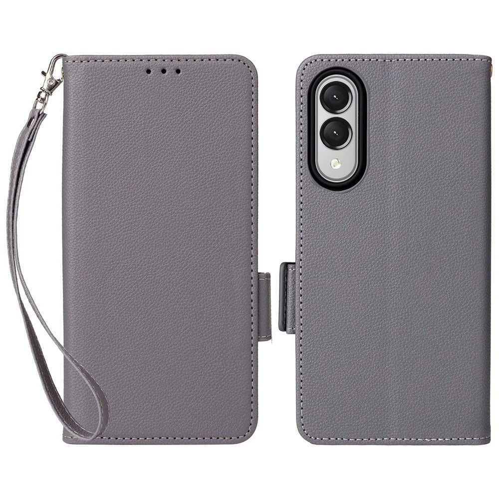 For Samsung Galaxy S25 Edge Case with Wrist Strap Litchi Texture PU Leather Wallet Phone Cover - Grey - 1