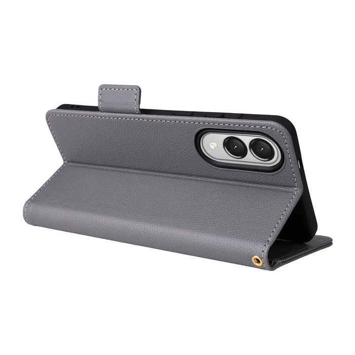 For Samsung Galaxy S25 Edge Case with Wrist Strap Litchi Texture PU Leather Wallet Phone Cover - Grey - 3