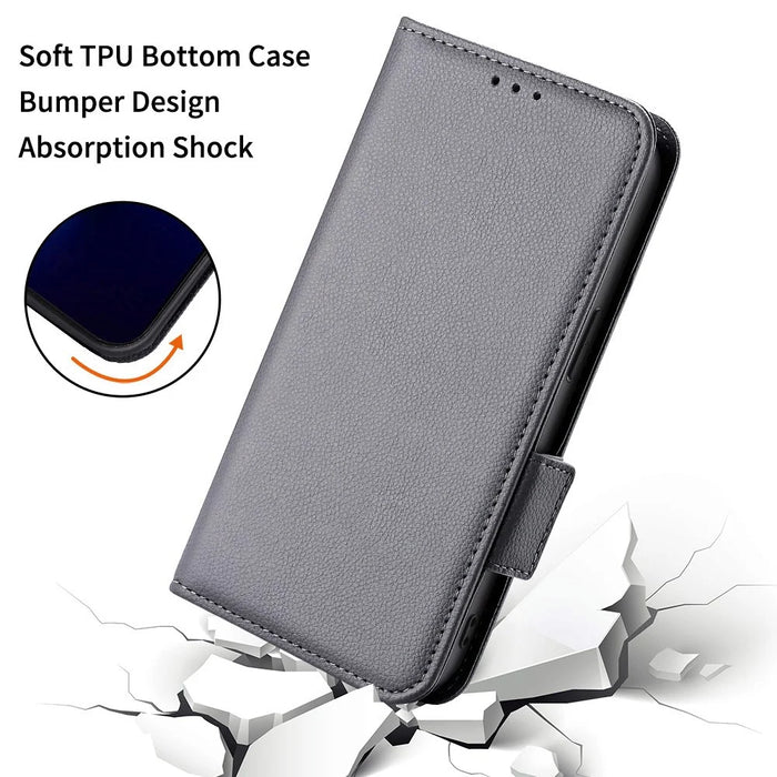 For Samsung Galaxy S25 Edge Case with Wrist Strap Litchi Texture PU Leather Wallet Phone Cover - Grey - 6