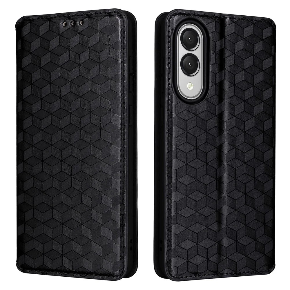 For Samsung Galaxy S25 Edge Case Wallet Rhombus Imprinted Leather Phone Cover - Black - 1