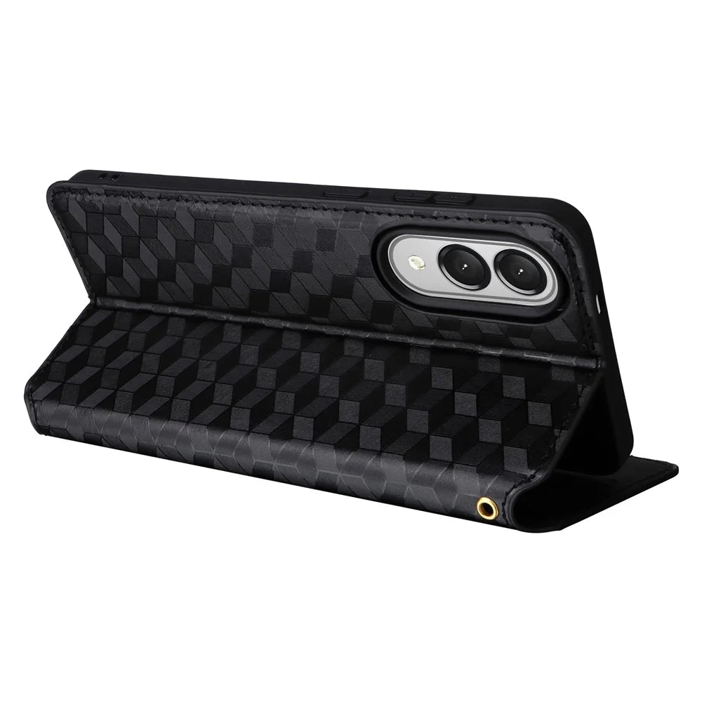 For Samsung Galaxy S25 Edge Case Wallet Rhombus Imprinted Leather Phone Cover - Black - 4