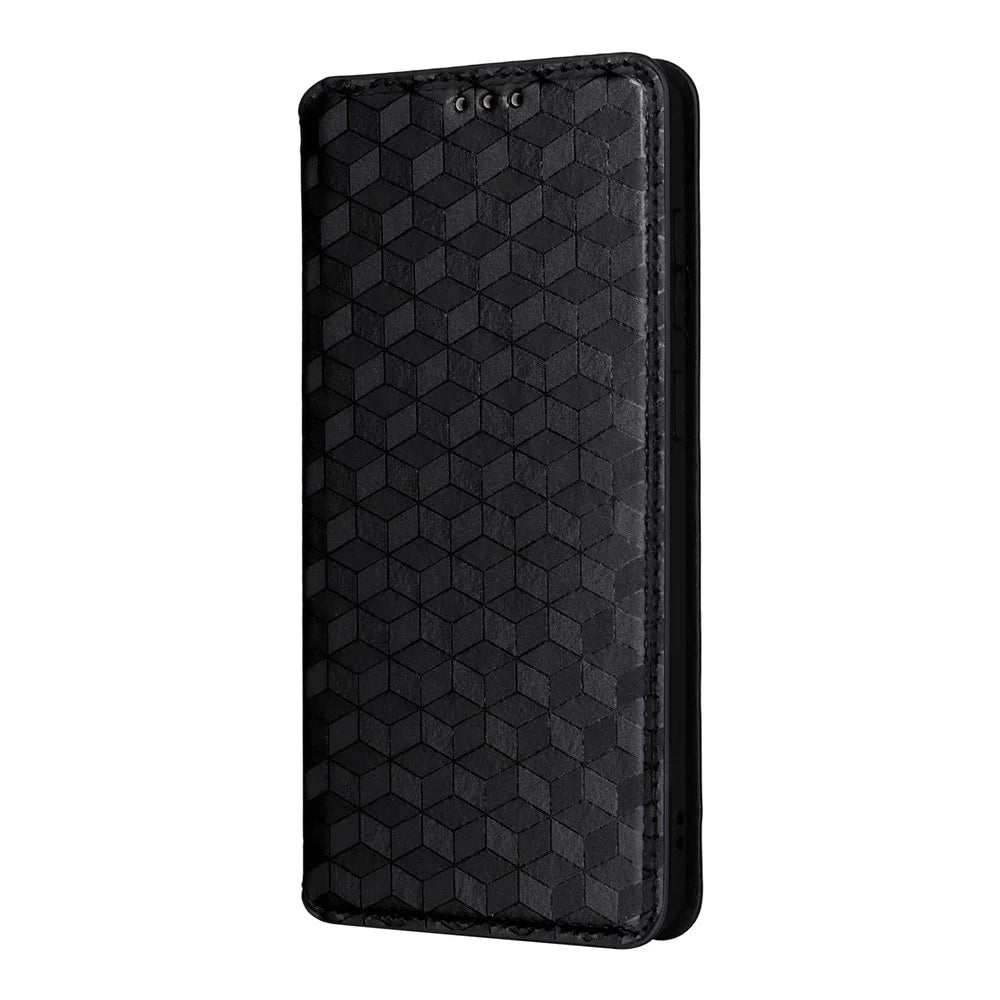 For Samsung Galaxy S25 Edge Case Wallet Rhombus Imprinted Leather Phone Cover - Black - 5
