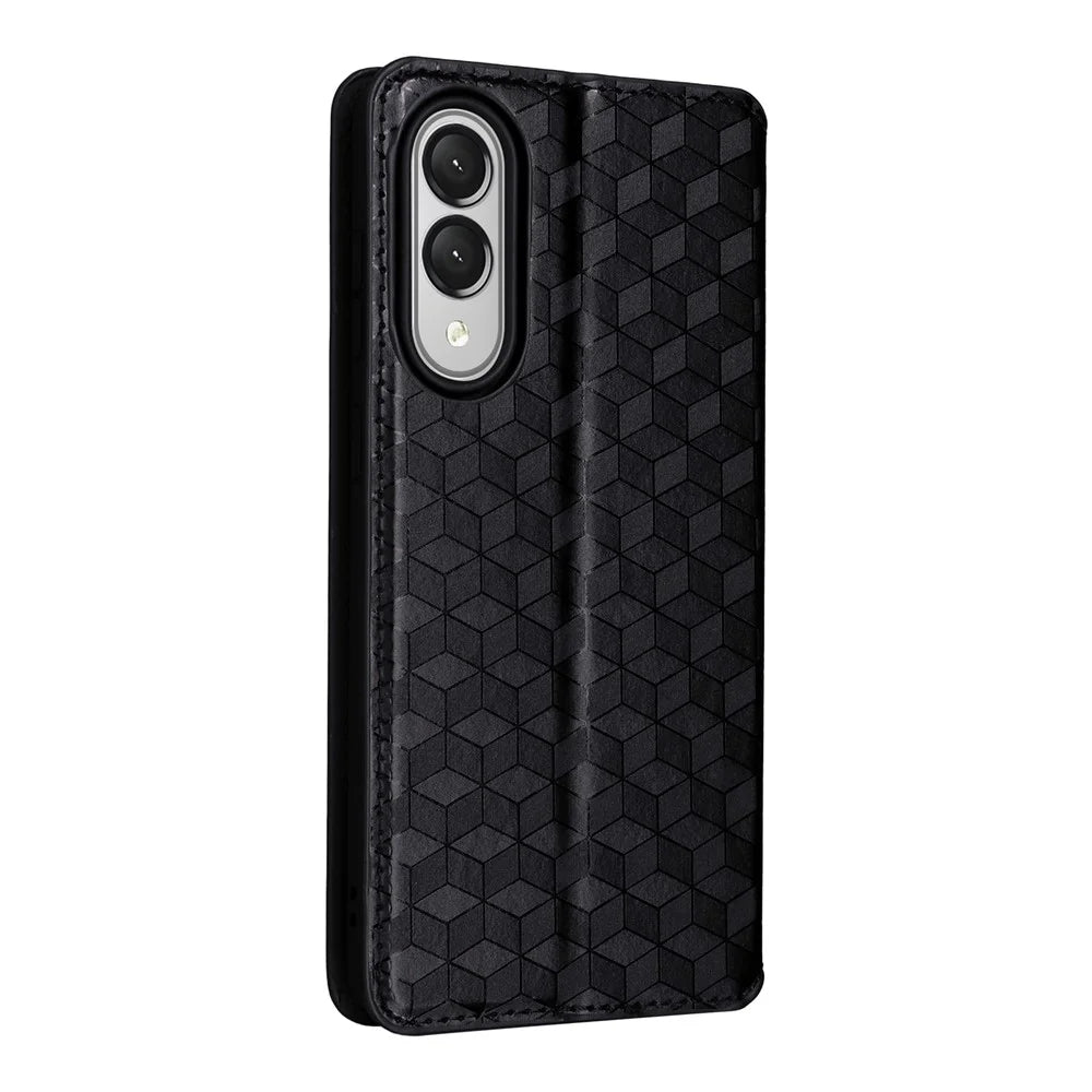 For Samsung Galaxy S25 Edge Case Wallet Rhombus Imprinted Leather Phone Cover - Black - 6