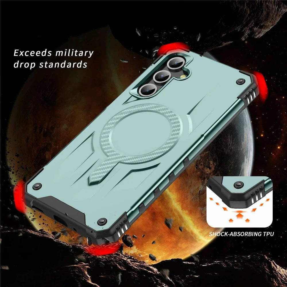 For Samsung Galaxy A15 5G / 4G Magnetic Case Four Corner Airbags PC + TPU Phone Cover - Midnight Green - 5