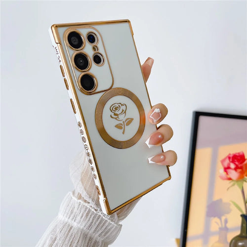 For Samsung Galaxy S25 Ultra Magnetic Case Rose Flower Electroplated TPU Phone Cover - Ivory White - 1