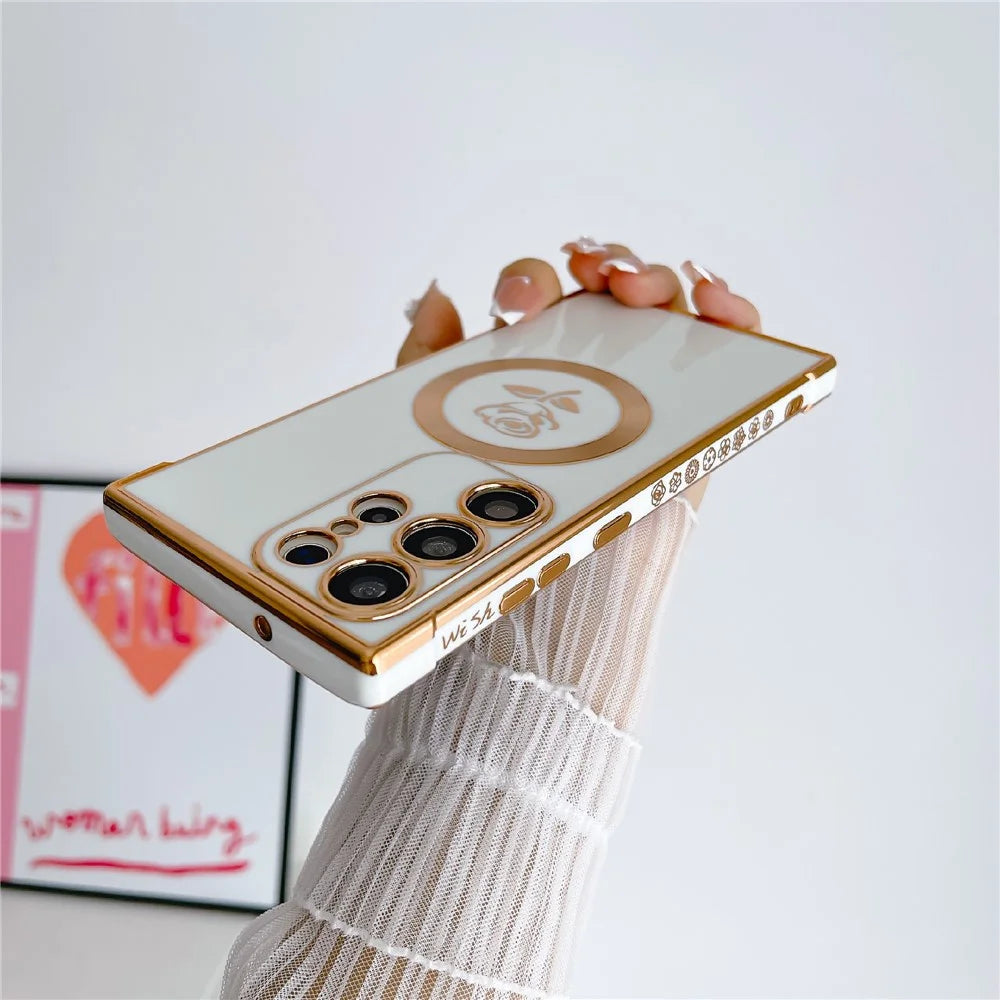For Samsung Galaxy S25 Ultra Magnetic Case Rose Flower Electroplated TPU Phone Cover - Ivory White - 3