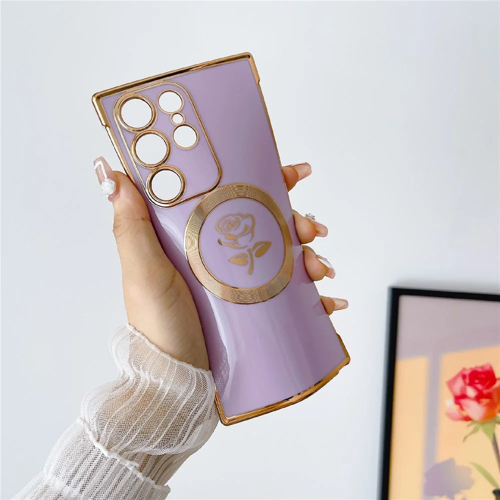 For Samsung Galaxy S25 Ultra Magnetic Case Rose Flower Electroplated TPU Phone Cover - Ivory White - 6
