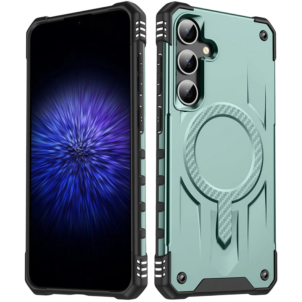 For Samsung Galaxy S24 FE Magnetic Case Four Corner Airbags PC + TPU Phone Cover - Midnight Green - 1