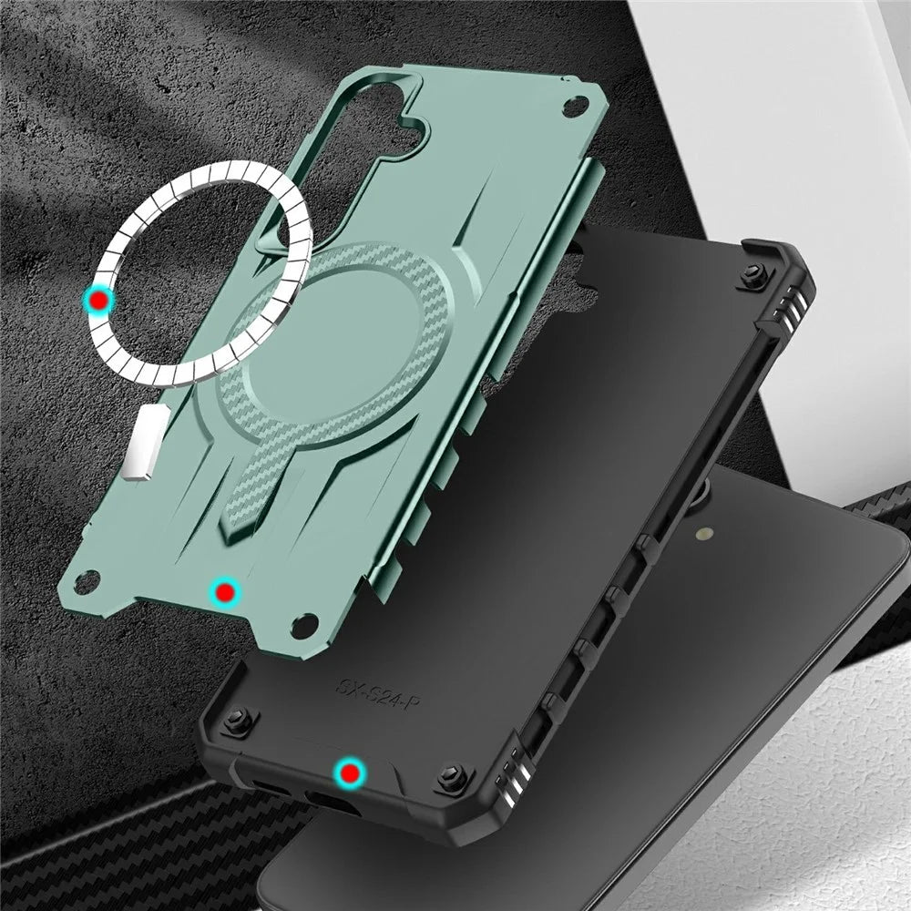For Samsung Galaxy S24 FE Magnetic Case Four Corner Airbags PC + TPU Phone Cover - Midnight Green - 4
