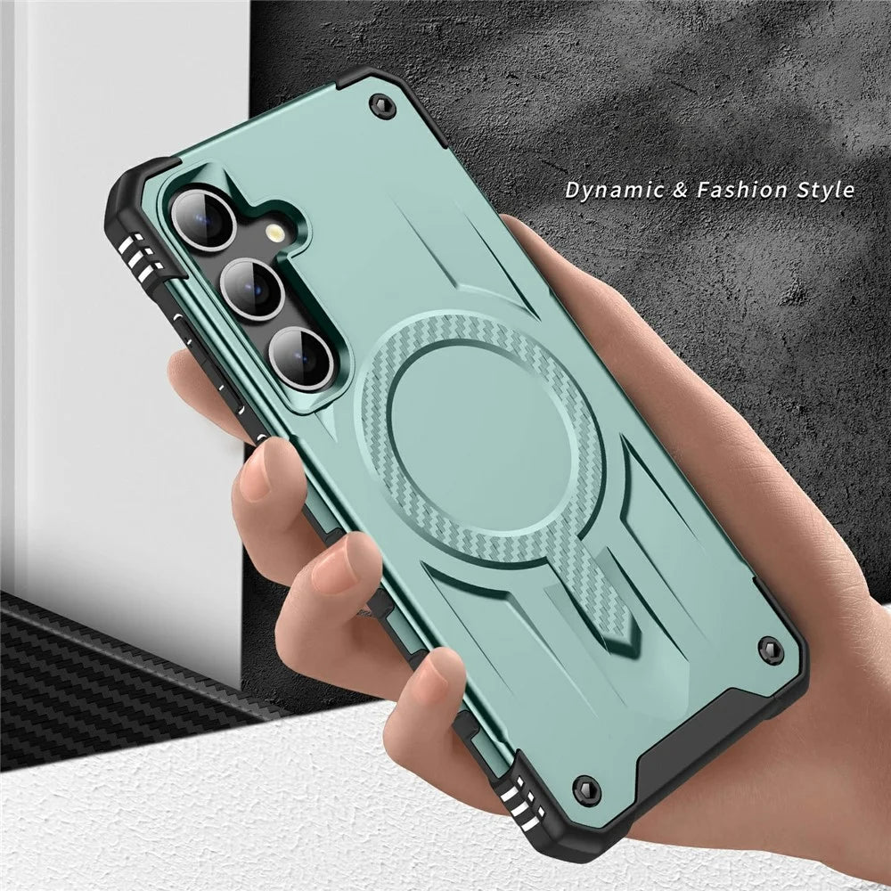 For Samsung Galaxy S24 FE Magnetic Case Four Corner Airbags PC + TPU Phone Cover - Midnight Green - 6