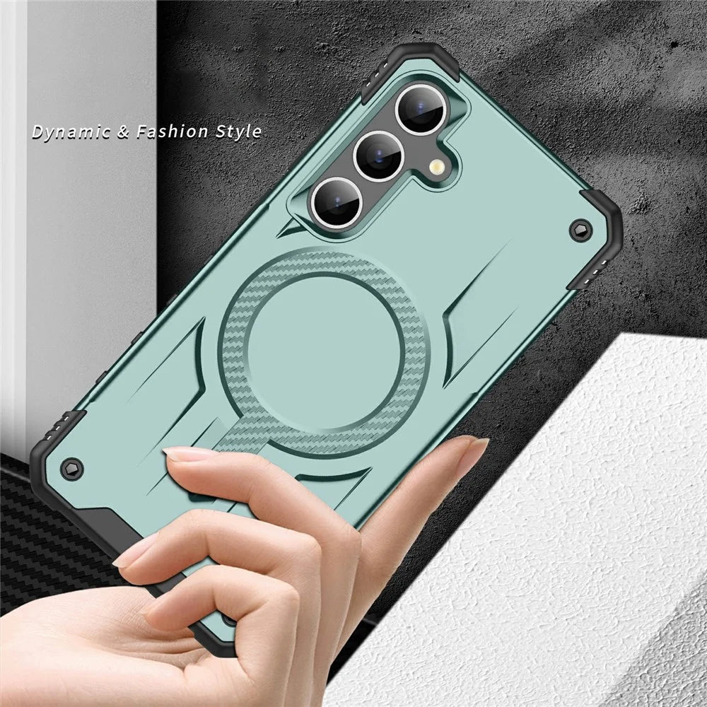 For Samsung Galaxy S24 FE Magnetic Case Four Corner Airbags PC + TPU Phone Cover - Midnight Green - 7