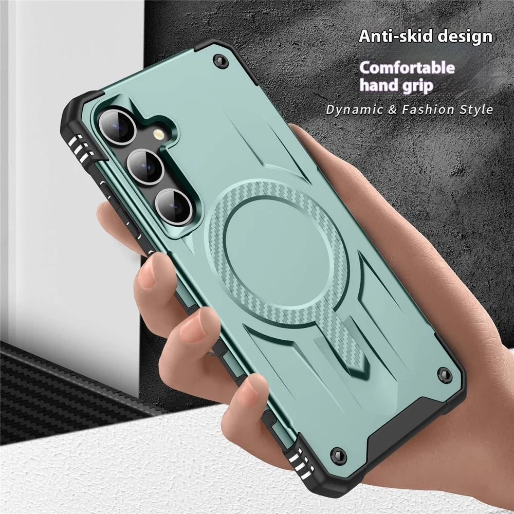 For Samsung Galaxy S25+ / S24+ Magnetic Case Four Corner Airbags PC + TPU Phone Cover - Midnight Green - 6