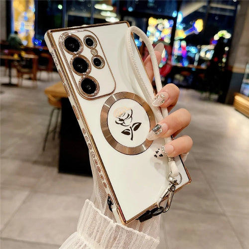 For Samsung Galaxy S25 Ultra Magnetic Case with Strap Rose Flower Electroplated TPU Phone Cover - Ivory White - 1