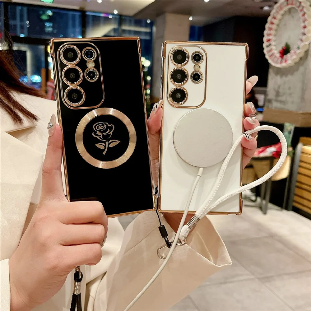 For Samsung Galaxy S25 Ultra Magnetic Case with Strap Rose Flower Electroplated TPU Phone Cover - Ivory White - 3