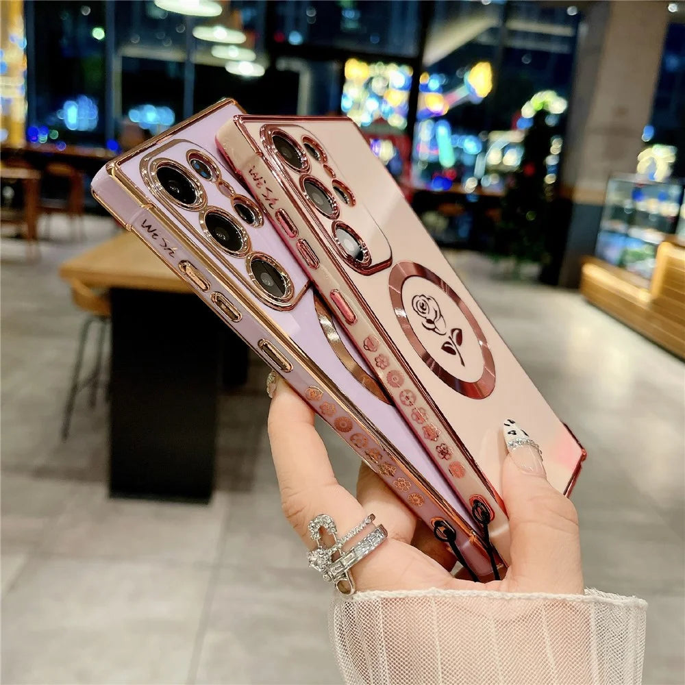 For Samsung Galaxy S25 Ultra Magnetic Case with Strap Rose Flower Electroplated TPU Phone Cover - Ivory White - 5