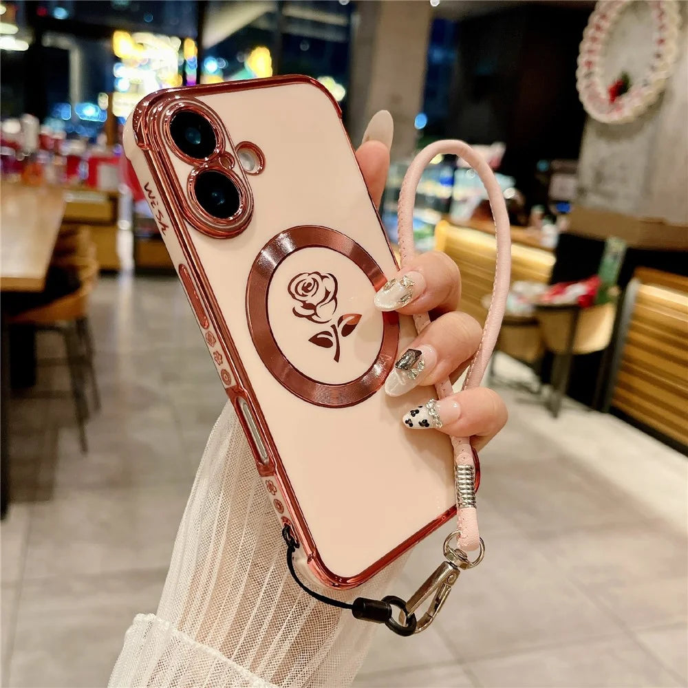 For iPhone 16 Magnetic Case with Strap Rose Flower Electroplated TPU Phone Cover - Rose Pink - 1