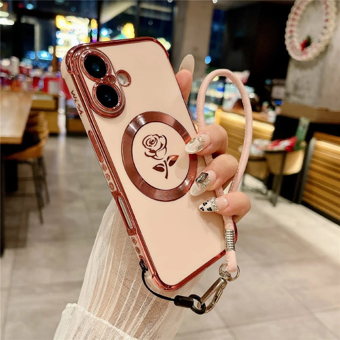 For iPhone 16 Magnetic Case with Strap Rose Flower Electroplated TPU Phone Cover - Rose Pink - 1