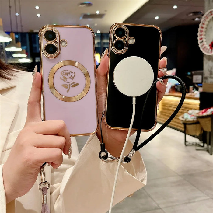 For iPhone 16 Magnetic Case with Strap Rose Flower Electroplated TPU Phone Cover - Rose Pink - 4