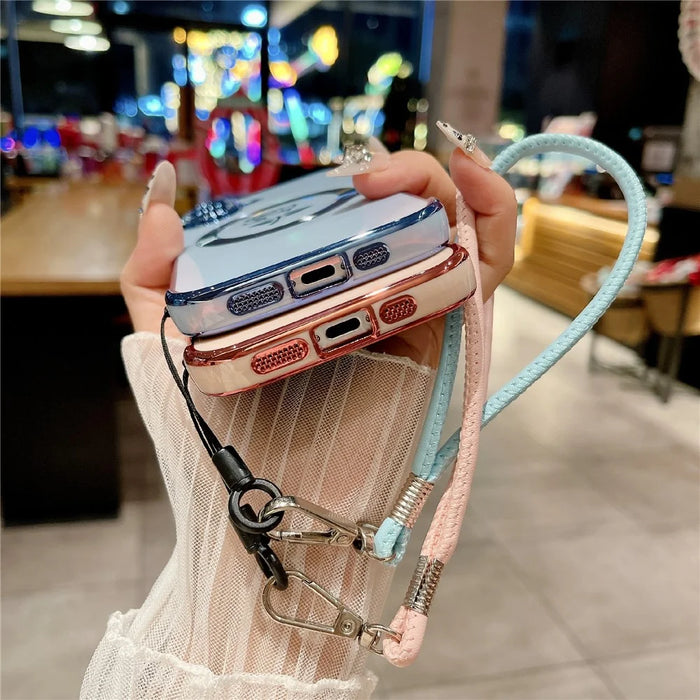 For iPhone 16 Magnetic Case with Strap Rose Flower Electroplated TPU Phone Cover - Rose Pink - 7