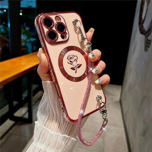 For iPhone 16 Pro Max Magnetic Case with Rhinestones Strap Rose Flower Electroplated TPU Phone Cover - Rose Pink - 1