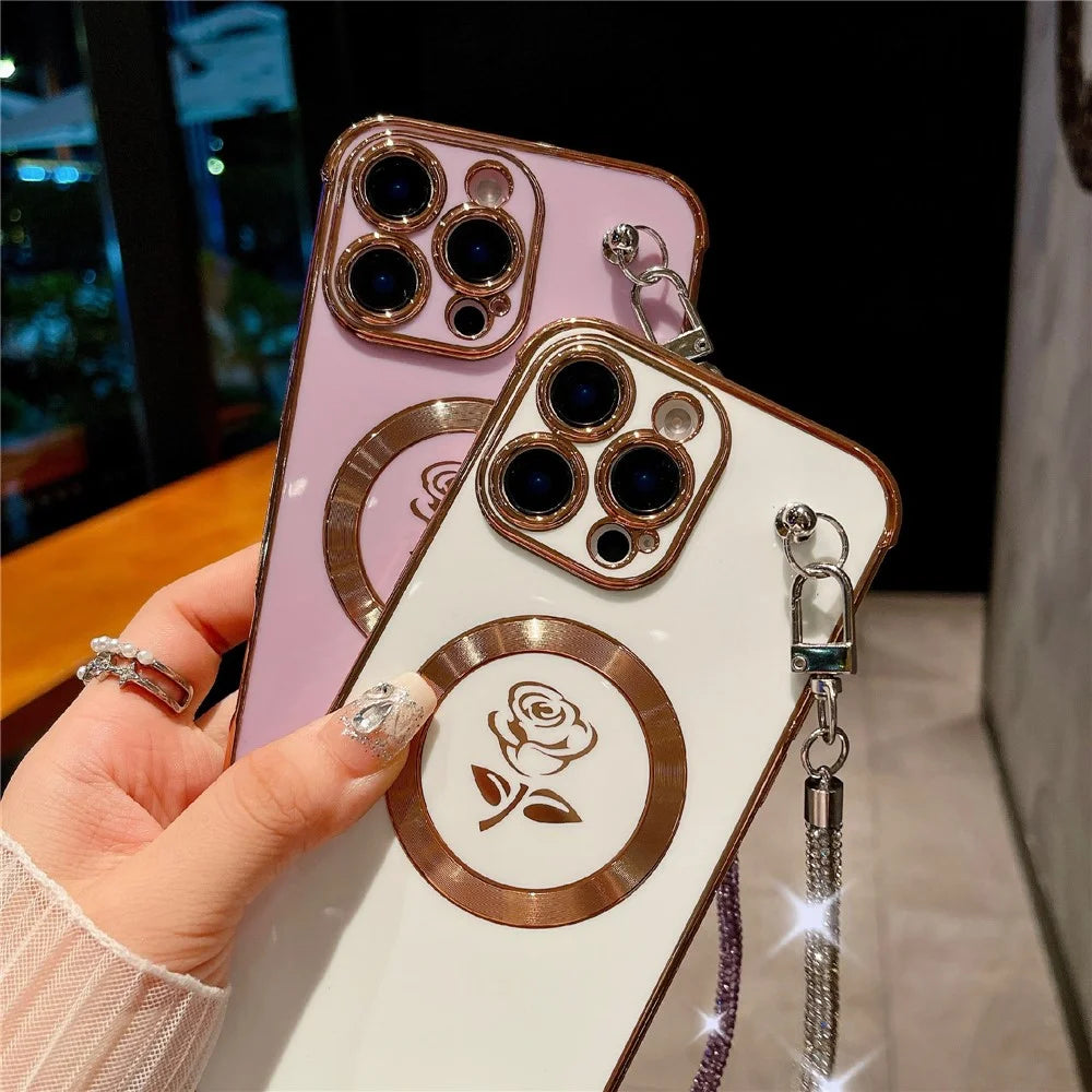 For iPhone 16 Pro Max Magnetic Case with Rhinestones Strap Rose Flower Electroplated TPU Phone Cover - Rose Pink - 6